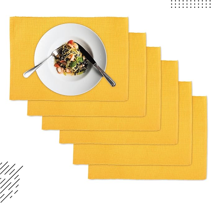 Encasa XO Dining Placemat Set of 6 | Solid Yellow Color | Fine Ribbed Cotton Table mat | Size 19x13 in |for Dining Table Fall Decoration, Holiday & Christmas Festivals - Machine Washable