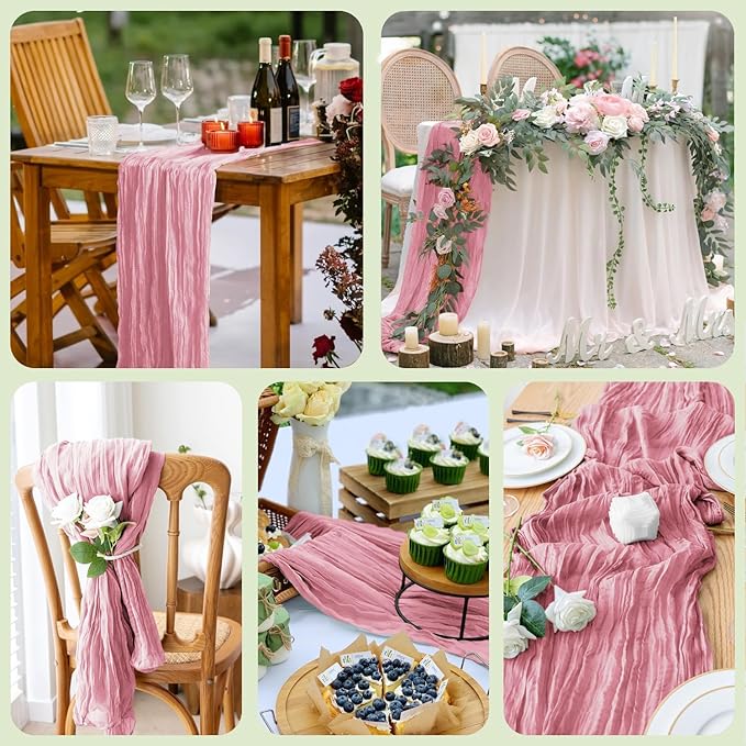 Wokceer Cheesecloth Table Runner 4Pack 10FT Pink Boho Gauze Cheese Cloth Table Runner for Party Long Rustic Sheer Table Runners for Baby Bridal Shower Wedding Easter Table Decor
