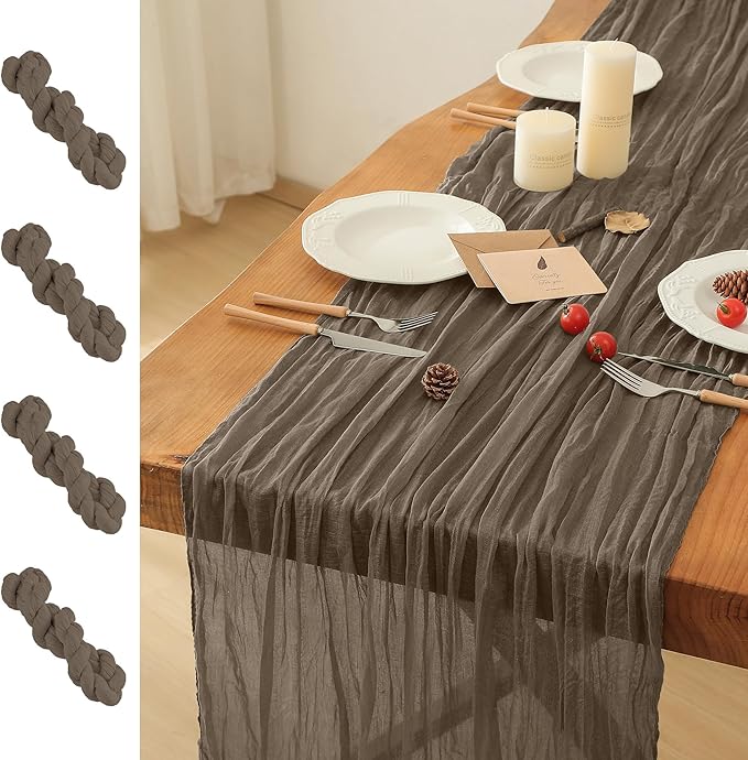 Leetaltree 4 Pack Taupe Cheesecloth Table Runner, 35x120 Inch Boho Rustic Cheese Cloth Table Runner, Decorative Table Runners for Bridal Baby Shower Decorations or Wedding Table Decorations