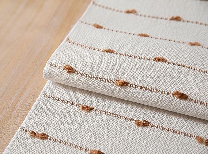 Caflife Boho Table Runner 108 Inchs Long for Modern Farmhouse Room Home Decor, Brown and Beige Coffee Table Runner, Natural Cotton Woven with Tassels Neutral, for Kitchen Dining Table Decor