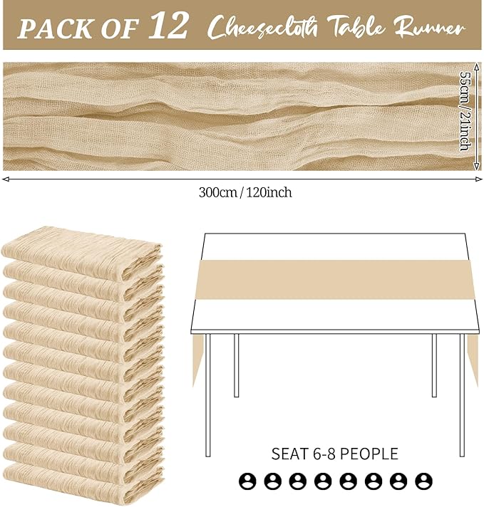 12 Pack Cheesecloth Table Runner 20 x 120 inch Cheese Cloth Table Runner Bulk,Romantic Boho Sheer Gauze Fabric Table Runners for Wedding Reception,Party,Bridal Shower Table Decor(Beige)