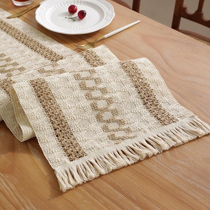 Niviy Boho Table Runner with Tassels 12 x 90 Inches Long, Cream & Brown Rustic Farmhouse Table Runner with Tassels for Home Kitchen Holiday Party and Wedding Decor Runner