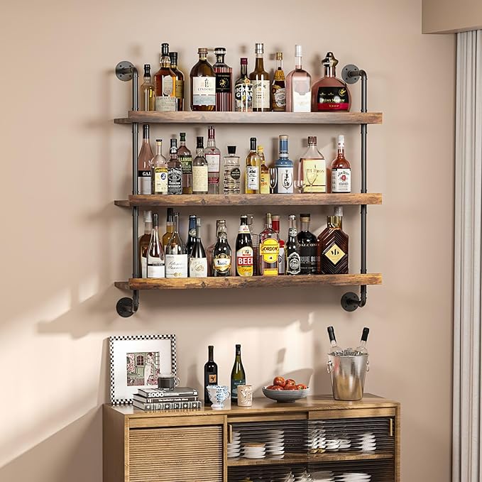 3-Tier Wall Mounted Wine Rack with LED,Liquor Bottles Floating Shelves Display Storage Organizer for Home Bar Dining Room Kitchen (23.6" W x 47.2" H x 8.6" D)