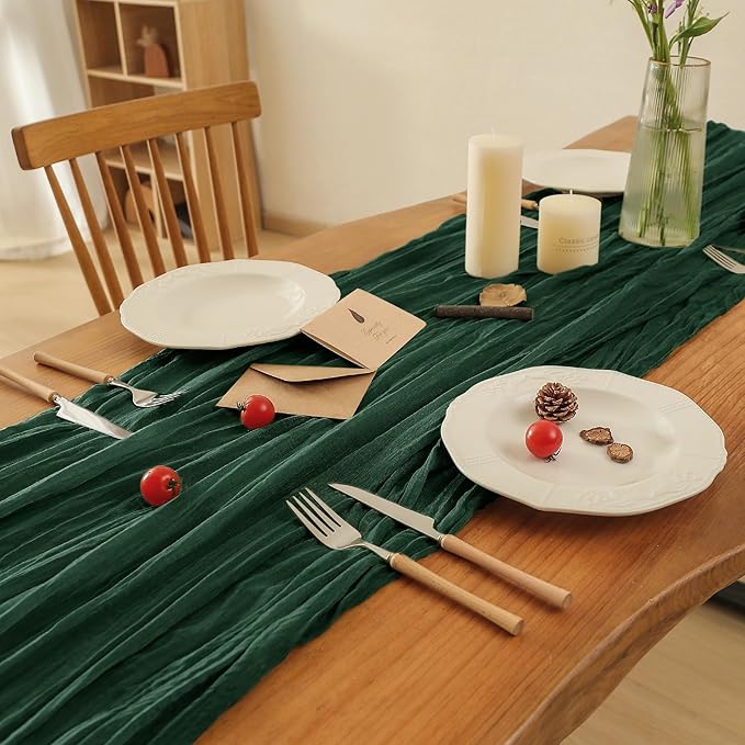 Leetaltree 6 Pack Emerald Green Christmas Table Runner, 35x120 Inch Boho Rustic Cheese Cloth Table Runner, Decorative Table Runners for Bridal Baby Shower Decorations or Wedding Table Decorations
