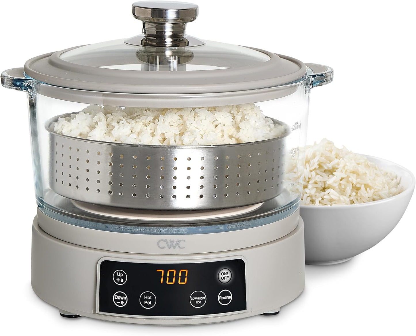 COOK WITH COLOR 3L Glass Low Carb Rice Cooker - Makes 6 Cups Low Sugar Rice with Auto Lift Filter Basket, Hotpot & Steamer for Rice, Grains and Oats, Digital Panel with Keep Warm Function, Sand