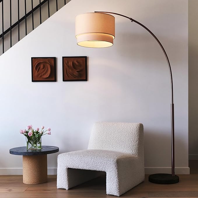 Brightech Mason Arc Floor Lamp - Modern Corner Standing Lamp with Unique Hanging Drum Lamp Shade for Living Room - Bright Overhead, Curved Hanging Light for Bedroom. Library, Den - Bronze