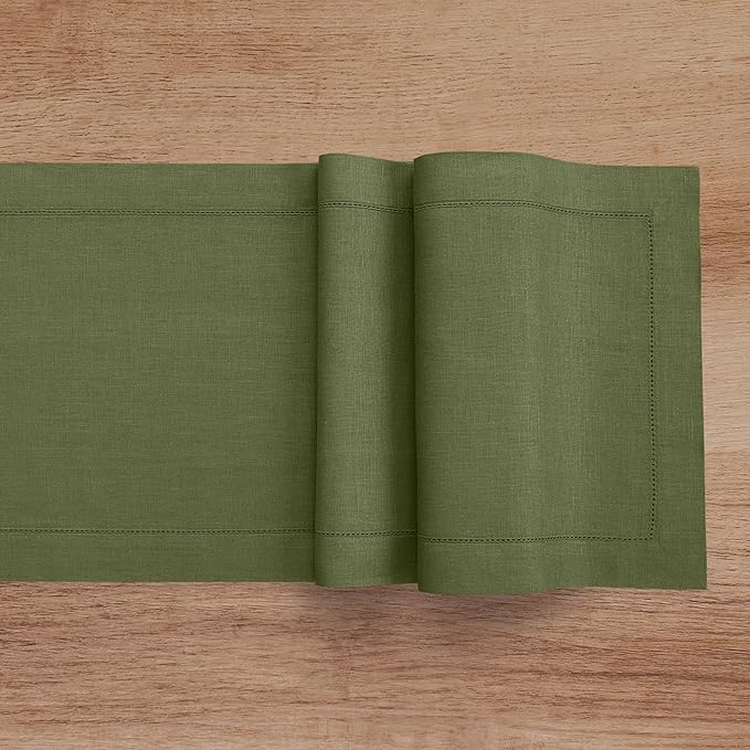Solino Home Linen Olive Table Runner 72 Inches Long - 100% Pure Linen Hemstitch Table Runner 14 x 72 Inch for Dresser, Dining, Christmas, New Year - Classic Hemstitch