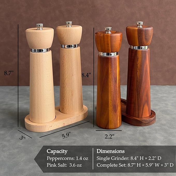 Wooden Pepper Grinder – Refillable Pepper Mill with Adjustable Upgraded Large Size Ceramic Burr – Manual Salt Grinder with Beech Wood Body – 8.3” Tall