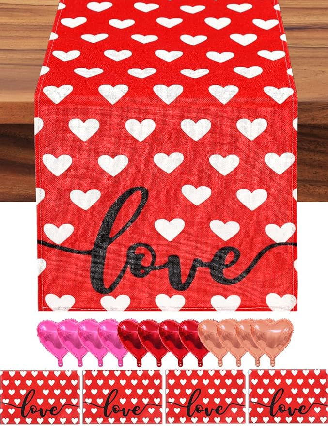 Red Love Heart Valentine's Day Table Runner 13"x72" & 4 Pcs 12"x18" Placemats Sets with 12 Heart Balloons, Love Letter Balloons, Stickers & Blowing Straw for Home Party Decor