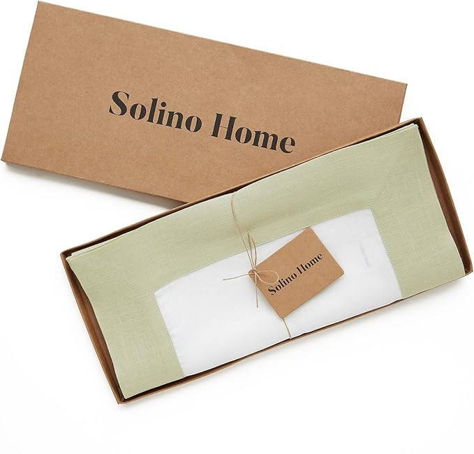 Solino Home Linen Table Runner 108 Inches Long - 100% Pure Linen Sage Green and White Dining Table Runner 14 x 108 Inch for Christmas, Winter, New Year - Contempo