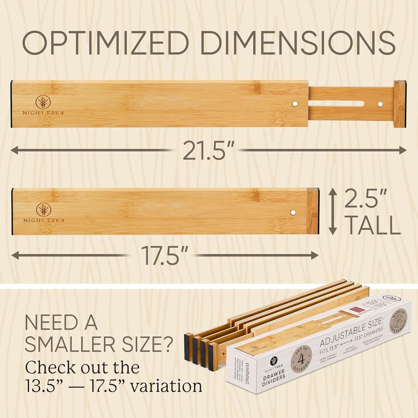 Night Tree Expandable Bamboo Drawer Dividers – Spring-Loaded Wooden Organizers for Clothes, Kitchen Utensils, Bathroom, and Dresser Drawers (18" to 20")