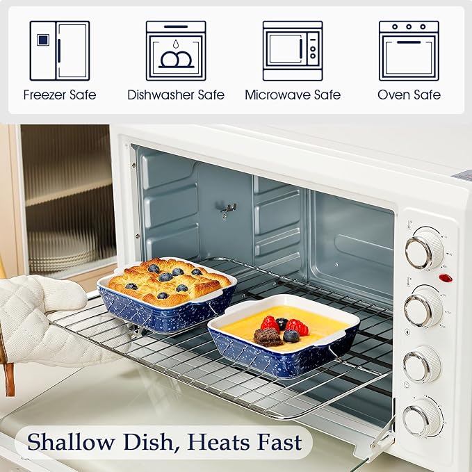 NUTRIUPS 13oz 5.9x5.9in Square Ceramic Baking Dish Set, 2-Pack Small Oven-Safe Baking Pan for Lasagna, Casserole - Bakeware for Baking & Serving (Blue)
