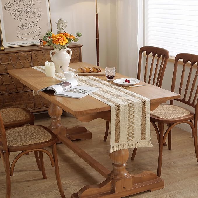 Niviy Boho Table Runner with Tassels 12 x 90 Inches Long, Cream & Brown Rustic Farmhouse Table Runner with Tassels for Home Kitchen Holiday Party and Wedding Decor Runner