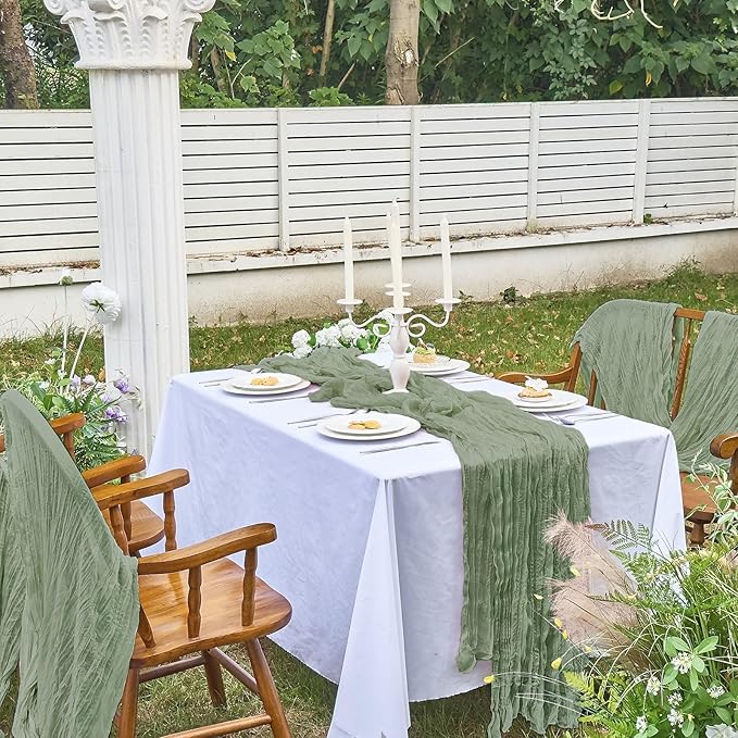 IVAPUPU 4 Pcs Cheesecloth Table Runner - 10ft Sage Green Boho Gauze Cheese Cloth Table Runners for Baby Shower Decoration Wedding Party Summer Garden Farmhouse