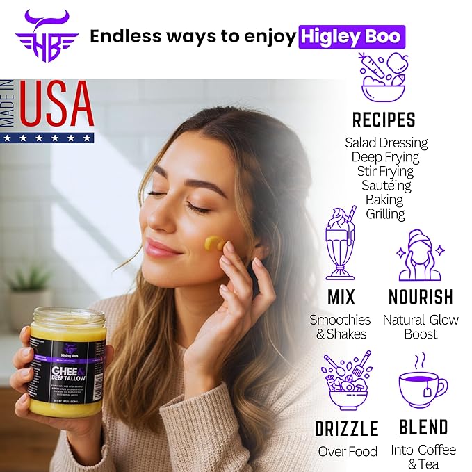 Higley Boo Premium Ghee & Beef Tallow for Cooking – 100% Animal-Based Cooking Oil | Keto, Carnivore & Paleo Friendly | Seed Oil Free | Zero Carbs, Zero Sugar | Gluten-Free, Lactose-Free | 16oz Jar