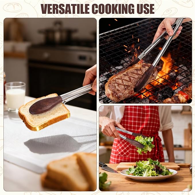 Wooden Tongs for Cooking, 15 Inch Kitchen Walnut Wood Tong with Stainless Steel Handle, Utensils for Food Serving, Salad, Toaster, Grilling, BBQ