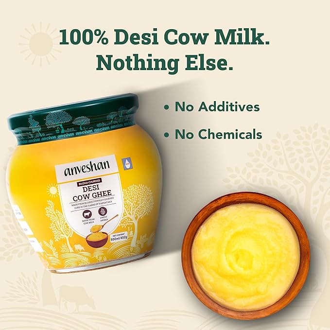 Anveshan Cow Ghee | Traditionally Bilona-Churned |Gut friendly |Keto friendly |High smoke point | Sustainably sourced | Casein free| Clarified Butter | 16.8 Fl. Oz (500mL)