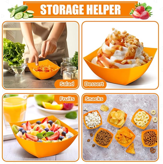 Tanlade 50 Pcs Square Plastic Serving Bowls Disposable Snack Salad Bowl Small Party Candy Bar Containers Taco Bar Serving Dishes for Buffet Chips Fruit (8 oz,Orange)