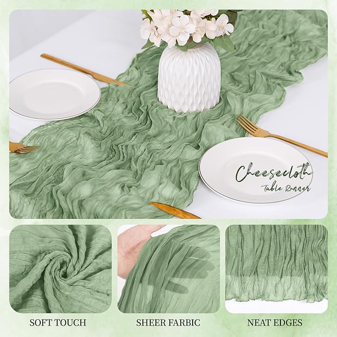 12 Pack Sage Green Cheesecloth Table Runner 17x108 Inch Semi Sheer Boho Gauze Cheese Cloth Fabric Table Runners, for Wedding Party Baby Shower Birthday Home Decor Garden Farmhouse