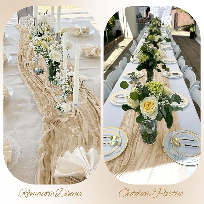 Pesonlook 20 Pack Cheesecloth Table Runner Beige, Rustic Boho Gauze Fabric Table Runner Romantic Table Runner for Wedding, Festival, Birthday, Anniversary, Dinner and Outdoor Events (17.7 x 108 inch)