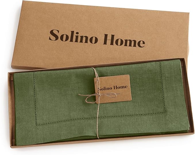 Solino Home Linen Olive Table Runner 72 Inches Long - 100% Pure Linen Hemstitch Table Runner 14 x 72 Inch for Dresser, Dining, Christmas, New Year - Classic Hemstitch