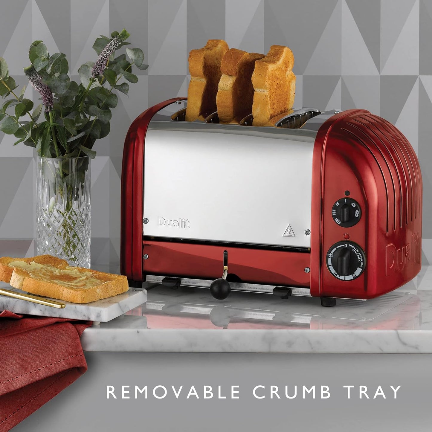 Dualit Classic 4 Slice NewGen Apple Candy Red Toaster - Hand Built in the UK – Replaceable ProHeat® Elements - Heat 1/2/3/4 Toast Slices, Defrost Bread, Mechanical Timer - For Toast, Bagels & More
