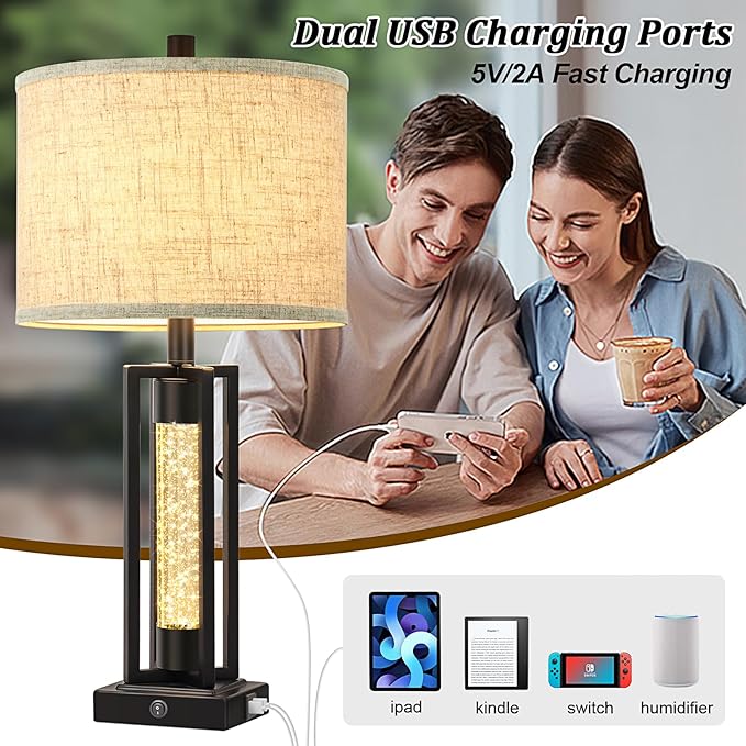 TOBUSA 26’’ Farmhouse Table Lamp for Living Room, Vintage Crystal Nightstand Lamp with 2 USB Ports, Rustic Bedside Lamp with Fabric Shade, Modern Black Desk Lamp with Crystal Night Light for Bathroom