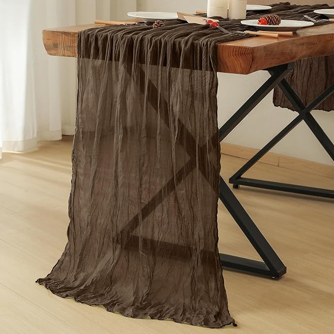 Leetaltree 4 Pack Brown Cheesecloth Table Runner, 35x120 Inch Boho Rustic Cheese Cloth Table Runner, Decorative Table Runners for Bridal Baby Shower Decorations or Wedding Table Decorations