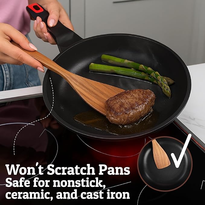 PriorityChef Wooden Spatula for Cooking, Durable Teak Wood Spatula for Flipping, Stirring & Serving – Non Toxic and Nonstick Safe, Hand-Finished, and Easy to Clean Kitchen