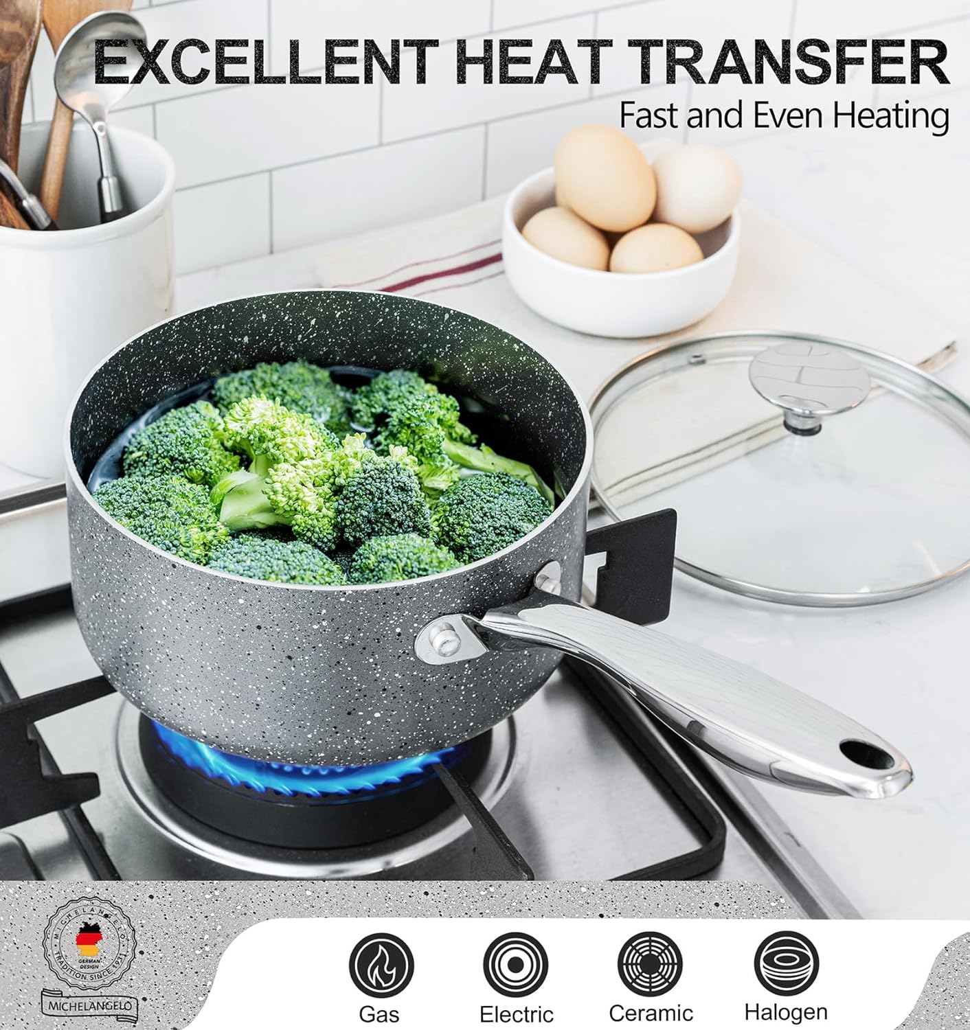 MICHELANGELO Sauce Pan with Lid, Granite Saucepans with Lids, 1Qt & 2Qt & 3Qt Sauce Pan Sets, Nonstick Saucepan Set with Stainless Steel Handle, Oven Safe, Grey