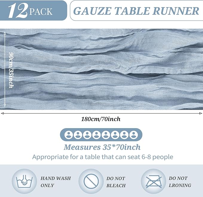 12 Pack Cheesecloth Table Runner 35 x 70 inch Long Boho Cheese Cloth Gauze Table Runners Semi Sheer Table Runner for Wedding Decor, Bridal Shower, Birthday Party (Dusty Blue)