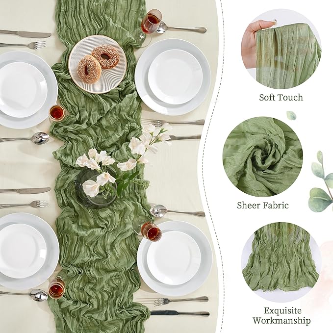 Sage Green Christmas Cheesecloth Table Runner 10FT Long Boho Gauze Table Runner Rustic Sheer Runner for Wedding Bridal Baby Shower Birthday Party Table Decor Home Christmas Decorations（6 Pack）