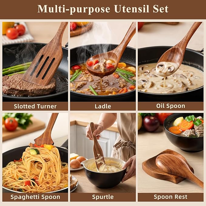 Wooden Spoons for Cooking, 12 Pcs Nonstick Wooden Cooking Utensils Set with Comfort Grip – 100% Natural Teak Wood - Sturdy, Lightweight & Heat Resistant Kitchen Utensils