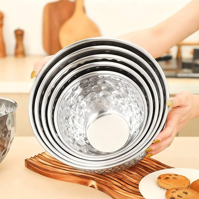 5 Pack Stainless Steel Mixing Bowls Set, Hammered Silver Finish, Nesting Design Metal Salad Bowls Set, 1.6-5 QT Capacity, Dishwasher Safe for Cooking, Serving, Food Containers Meal Prep Kit (Silver)