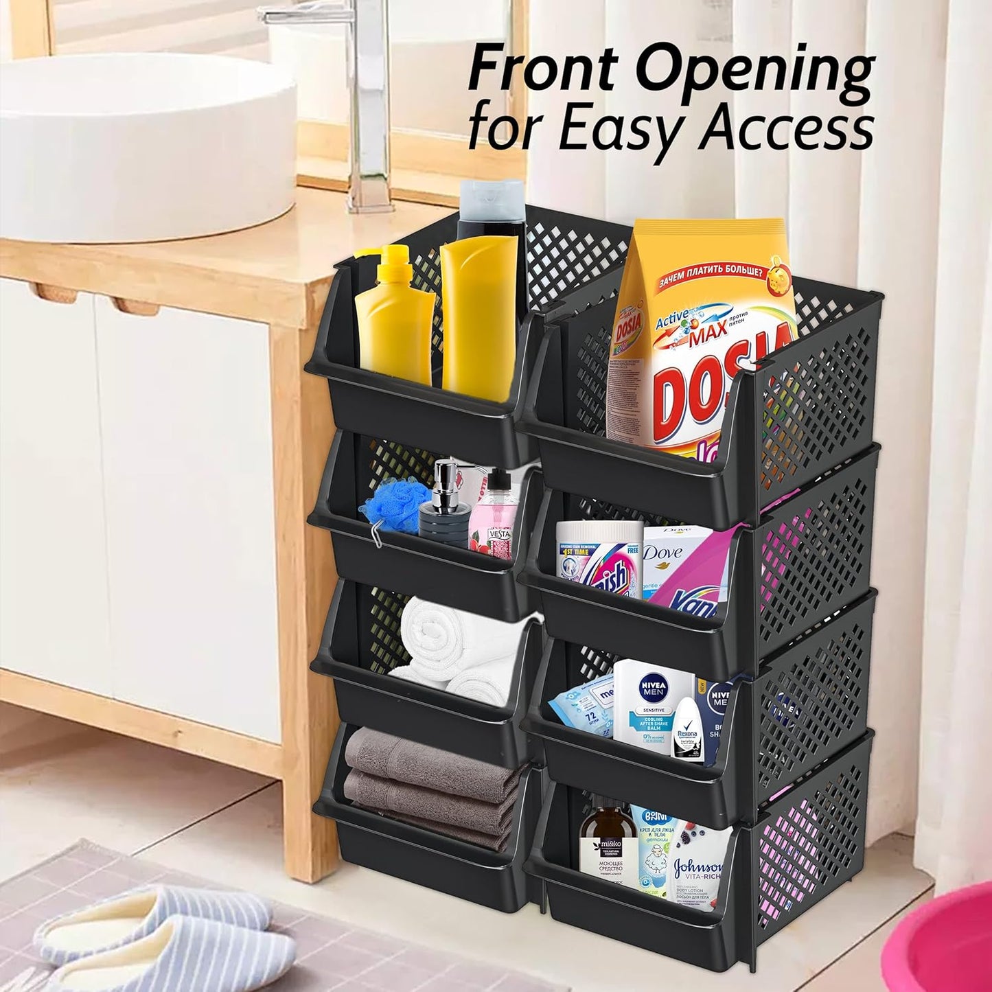 Skywin TidyFriend Stackable Storage Bins for Pantry, 4 Pack Stackable Bins For Organizing Food, Kitchen, and Bathroom Essentials (Black)