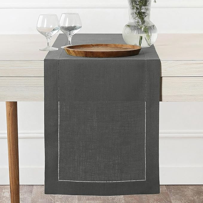 D'Moksha Homes Linen Charcoal Grey Table Runner 72 Inches Long - 100% Pure Linen Hemstitch Table Runner 14 x 72 Inch for Dresser, Dining, Winter, Christmas, Holiday, New Year - Classic Hemstitch