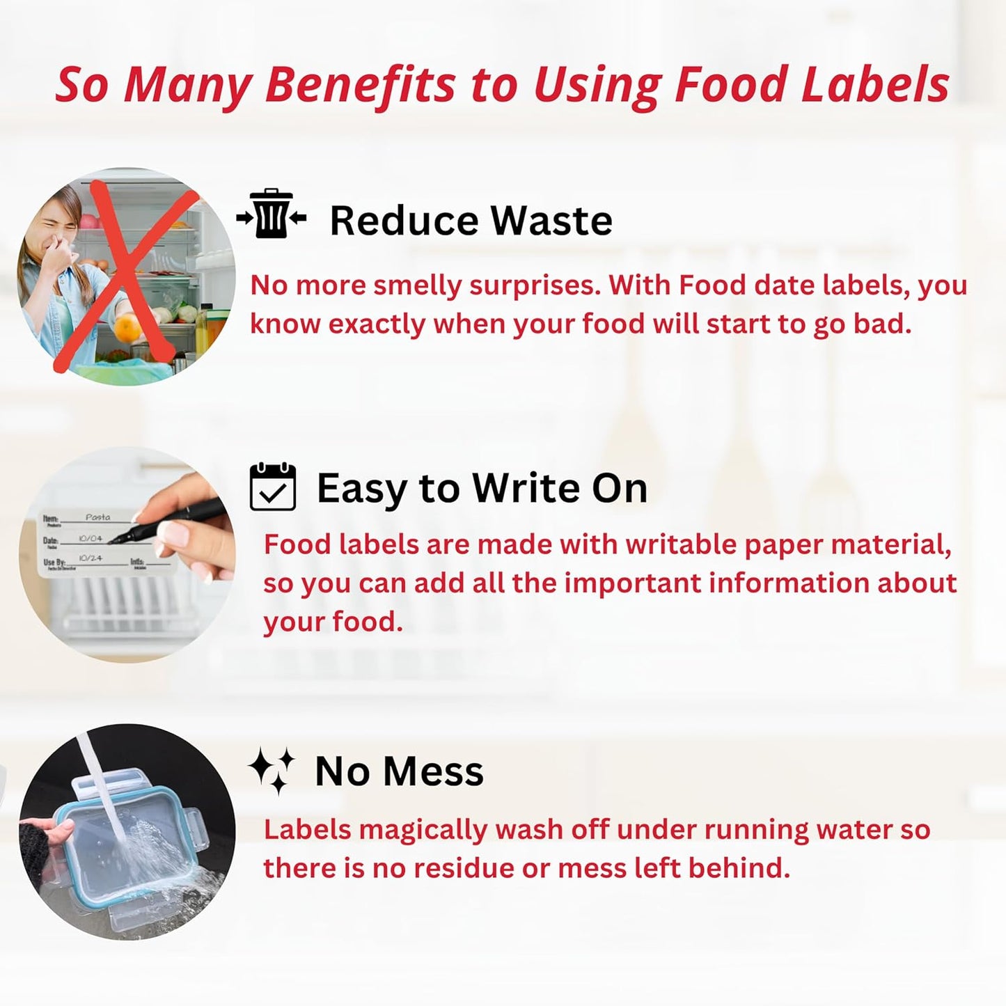 2x1 Dissolvable Food Labels, 1000 Label Stickers, Bottle Labels for Storage Bins, Sticker Labels for Food containers, (1000, Red)