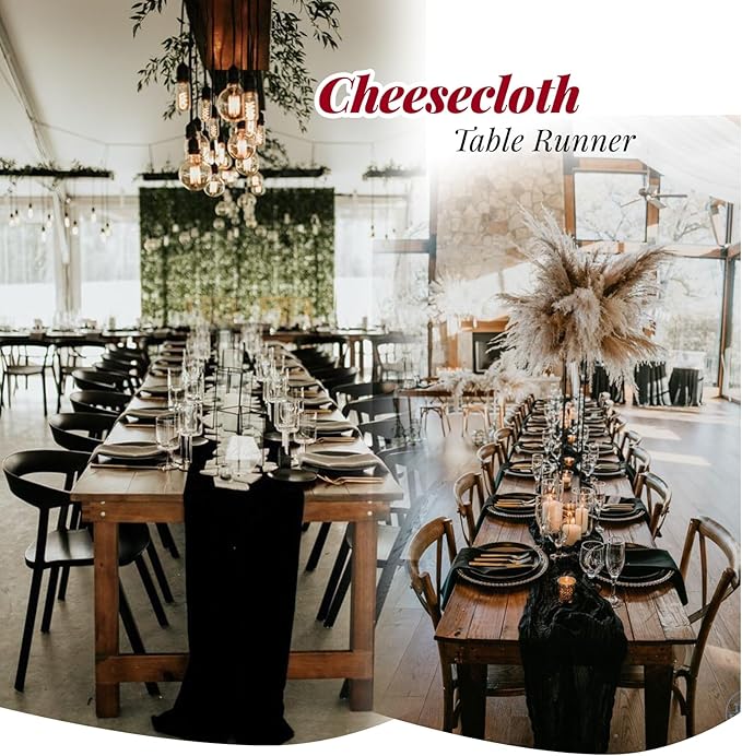 Aktor 12 Pack Black Cheesecloth Table Runner 10Ft Gauze Table Runner Boho Semi Sheer Cheese Cloth Fabric Runners for Wedding Birthday Baby Shower Party Table Decoration（Black）