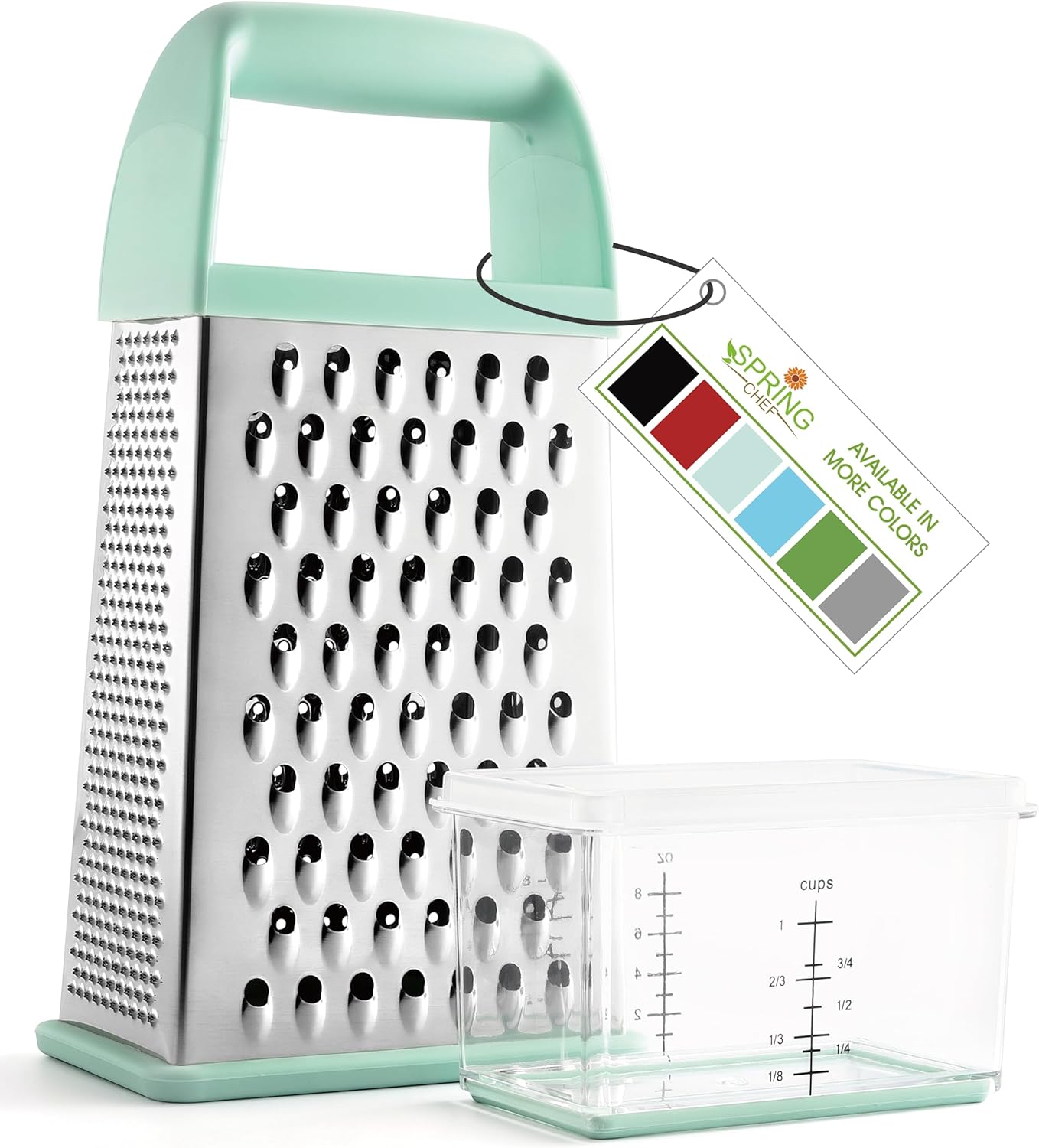 Spring Chef Professional 10" Parmesan Cheese Grater With Container, Stainless Steel & Soft Grip Handle, Handheld Kitchen Cheese Shredder, Box Grater with 4 Sides for Potato, Carrot, Veggie - Mint