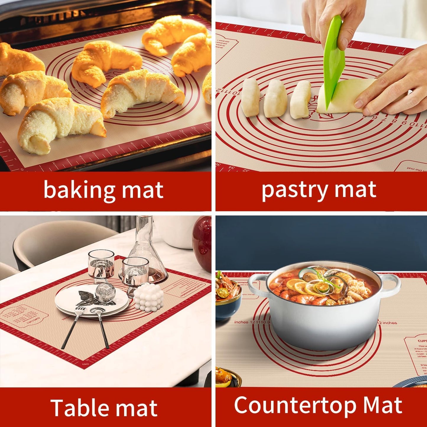 Silicone Baking Mat, Reusable Silicone Dough Mat, Non-Stick Pastry Mat, Heat Resistant Silicone Mat for Baking Cookies, Cake, Bread, Chocolate, Pizza, Crust, Pie Oven Mat, Easy to Clean