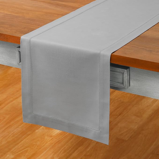Solino Home Cotton Linen Light Grey Table Runner 132 Inches Long - Hemstitch 14 x 132 Inch Table Runner