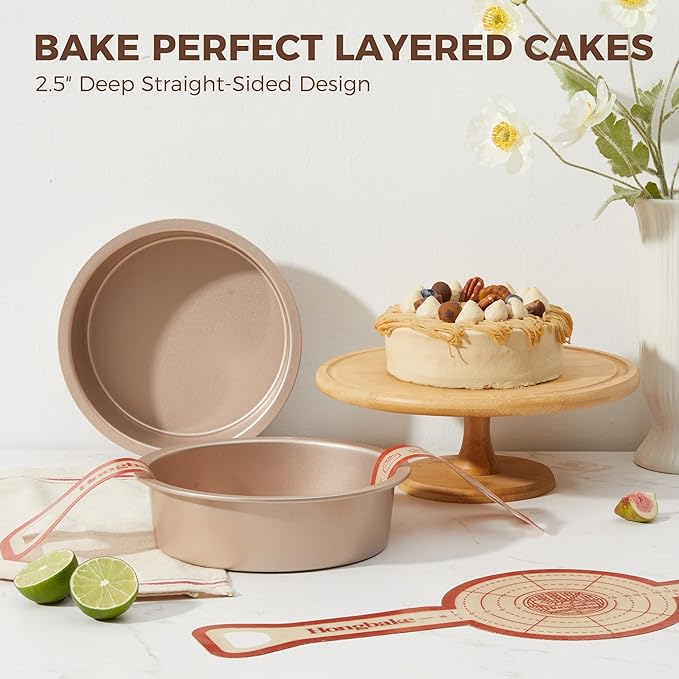 HONGBAKE 8 Inch Round Cake Pan Set for Baking with 2 Pcs Silicone Baking Sling Mats, Nonstick Circle Cake Pans Set of 2, 2.5" Deeper Layer Cake Tin for Oven, Cheesecake Mold, Huty Duty, Golden