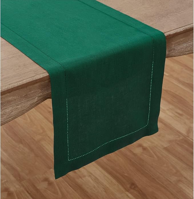 Solino Home Linen Rainforest Green Table Runner 156 Inches Long - 100% Pure Linen Extra Long Table Runner 14 x 156 Inch for Christmas, New Year - Classic Hemstitch