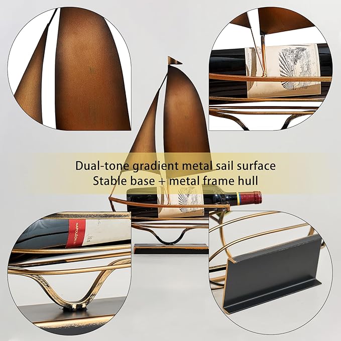 Metal Sailboat Wine Rack for Countertop – Decorative Wine Bottle Holder for Kitchen Bar Dining Table, Boat Sculpture Wine Stand Nautical Home Decor (Brass)