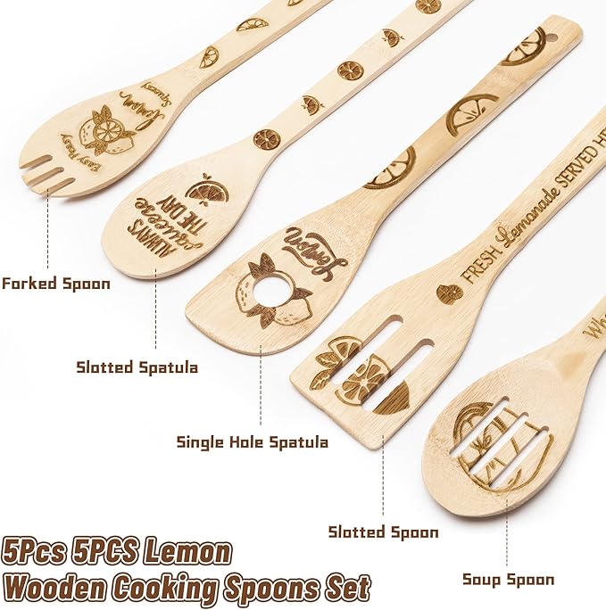 Eartim Wooden Cooking Spoon Utensil - 5Pcs Summer Lemon Cooking Serving Bamboo Spatula Mixing Spoon Kitchen Utensil Set Non Stick Cookware Heat Resistant Comfort Grip Dishwasher Safe Birthday Gifts