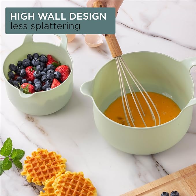 COOK WITH COLOR Nesting Plastic Mixing Bowl Set with Pour Spouts and Handles, Sage, 6 Piece Non-Slip