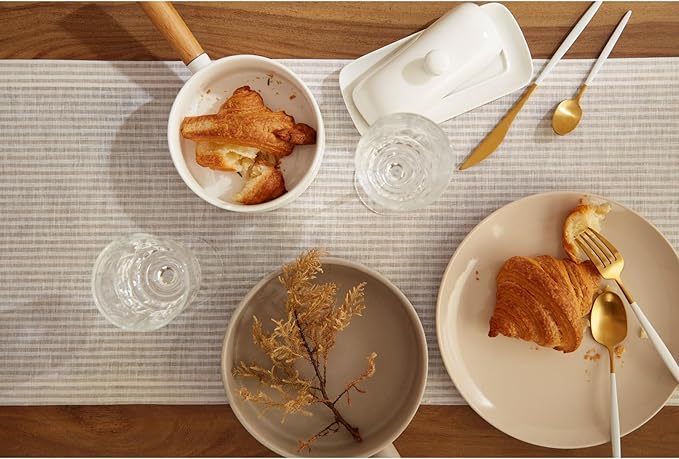 Solino Home Linen Table Runner 60 Inches - Narrow Stripe 100% Pure Linen Natural and White Farmhouse Table Runner 14 x 60 Inch Ideal for Dresser and Coffee Tables - Holiday