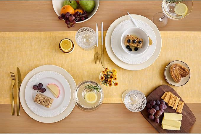 Solino Home Linen Table Runner 90 Inches Long - Athena, 100% Pure Linen Chambray Mustard Yellow Table Runner 14 x 90 Inch for Dining
