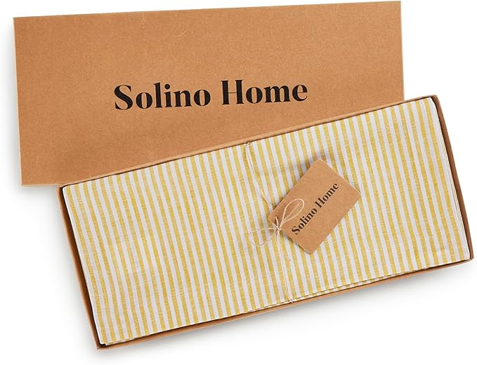 Solino Home Linen Table Runner 36 Inches - Narrow Stripe 100% Pure Linen Spicy Mustard and White Table Runner 14 x 36 Inch Ideal for Dresser and Coffee Tables
