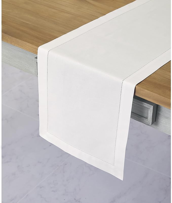 Solino Home White Table Runner 48 Inches - Cotton Linen Hemstitch Coffee Table Runner 14 x 48 Inch Ideal for Dresser Tables - Winter, Christmas, Holiday, New Year